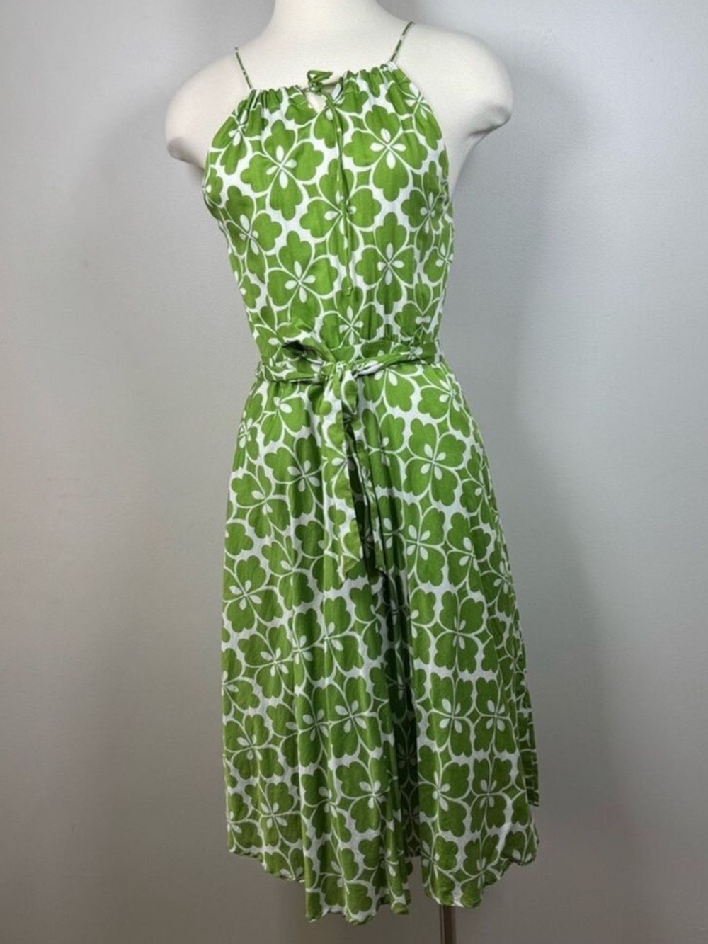 Jacob Green White Clover Floral Halter Midi Dress Belted Keyhole Neck Y2K size 4